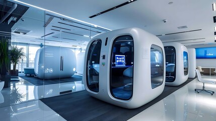 Tech centric office with futuristic pods and interactive screens, modern office interior design - obrazy, fototapety, plakaty