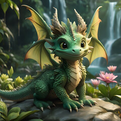 adorable cutest dragon kid seating at stone near waterfall around flowers.  AI generated - 740992941
