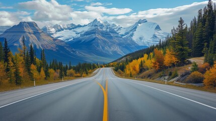 Fototapeta premium A deserted road stretches towards towering mountains in the background, Long winding roads with picturesque mountain ranges in the background, AI Generated
