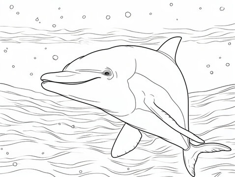 dolphin jumping from water coloring book page black and white outline zoo animals illustration for children