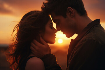 Shot of an affectionate young couple sharing a tender moment at sunset  - obrazy, fototapety, plakaty