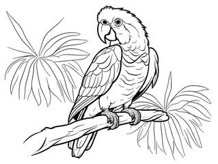 parrot on a branch coloring book page black and white outline zoo animals illustration for children