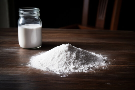 White powerbocking like cocaine on dark brown empty Kitchen table