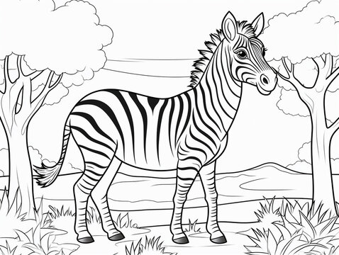 Zebra coloring book page black and white outline zoo animals illustration for children