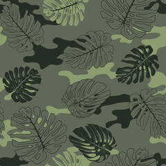 Tropical leaves with camouflage print seamless pattern