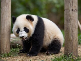  Adorable little pandas play in his enclosure