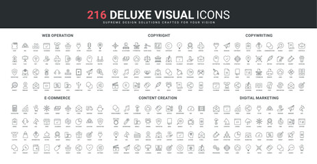 Digital marketing, idea creation line icons set. Cloud services to share, protect and update data, protection of copyright and authors content, storytelling thin black symbols vector illustration