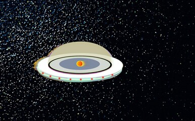 Fabulous drawing of a flying saucer , fictional alien flying machine on black space background with stars