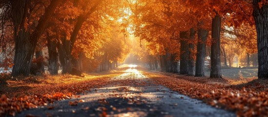 The natural landscape is painted with the sun shining through the trees, illuminating an asphalt road covered in leaves