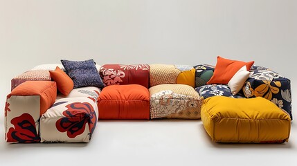 A modular sofa with interchangeable slipcovers in different colors and patterns, allowing for easy customization and seasonal updates in a modern home - obrazy, fototapety, plakaty