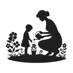 Blooming Bonds: Mom and Child Silhouette, Nurturing Nature's Beauty Together Planting Seeds of Love in Silhouette, Planting silhouette.