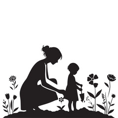 Blooming Bonds: Mom and Child Silhouette, Nurturing Nature's Beauty Together Planting Seeds of Love in Silhouette, Planting silhouette.
