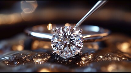 Engagement Ring: A suitor commissions a bespoke engagement ring for their beloved, working closely with a master jeweler to design a one-of-a-kind diamond ring. The ring features a rare, diamond set - obrazy, fototapety, plakaty