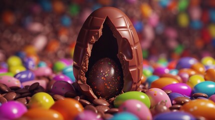 An Easter egg made of chocolate, cracked open to reveal a smaller egg inside, set against a backdrop of colorful candies