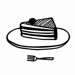 Sweet cake piece on the plate. Hand drawn doodle stock vector illustration on white background.