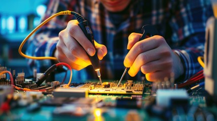 A person is using a soldering iron to work on a motherboard, demonstrating their expertise in engineering and hand-eye coordination. AIG41