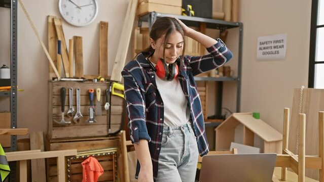 A focused woman wearing headphones in a carpentry workshop with woodworking tools and a laptop.