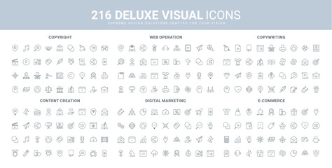 Digital marketing, ecommerce and web services, content creation line icons set. Creative articles and authors patent, copyright protection for storytelling thin black symbols vector illustration