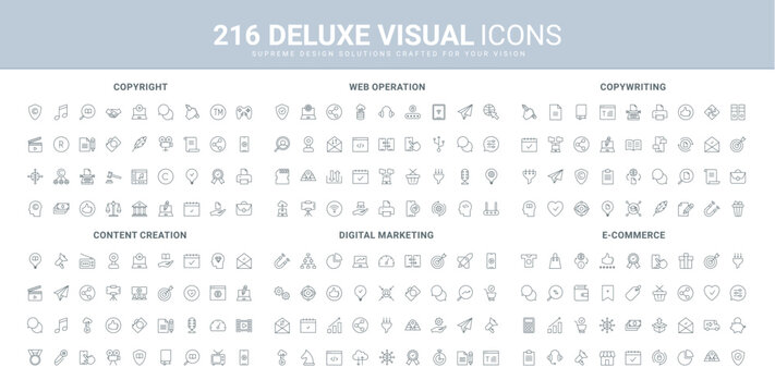 Digital marketing, ecommerce and web services, content creation line icons set. Creative articles and authors patent, copyright protection for storytelling thin black symbols vector illustration