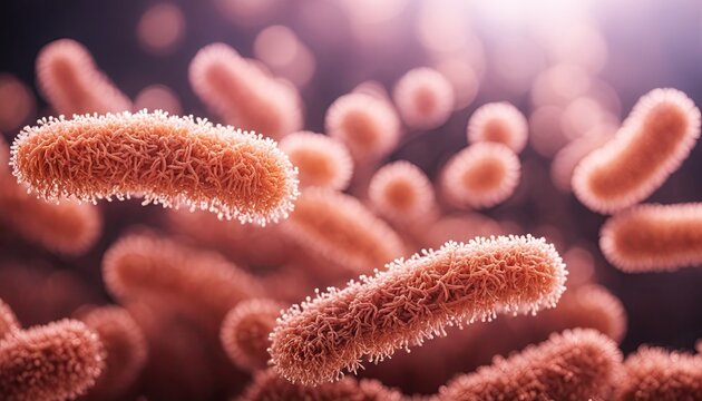 Abstract illustration of of Salmonella Bacteria. 3d rendered style. SEM, TEM view. Healthcare medical research concept. Pathogen image.