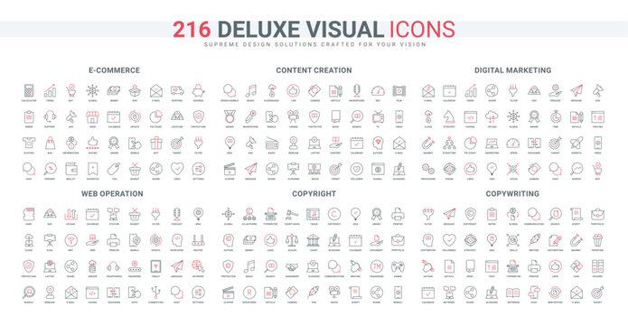 Ecommerce, marketing development strategy, website content creation line icons set. order in online store and delivery, video and data legal protection thin black and red symbols vector illustration