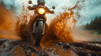 A motorcycle crossing a mud puddle, its tires spraying the air