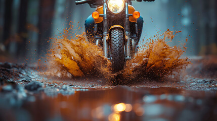 A motorcycle crossing a mud puddle, its tires spraying the air