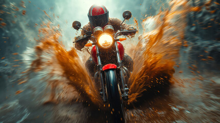 A motorcycle crossing a mud puddle, its tires spraying the air