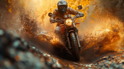 A motorcycle crossing a mud puddle, its tires spraying the air