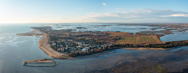 Panoramic Drone photo of Grado Peninsula, Gorizia Province, Friuli Venezia Giulia region, Italy - obrazy, fototapety, plakaty