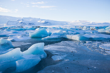 Ice floating on water of Jokulsarlon glacier lagoon, Iceland.  Jokulsarlon glacial lake in Iceland