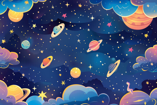 Whimsical Outer Space Illustration with Planets and Stars