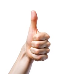The photo shows a human hand with fingers curled and the thumb extended upwards, indicating approval or success; it's isolated on a plain white background, highlighting the universal gesture of positi