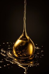 This image showcases a high-speed photograph of a single drop of a shimmering golden liquid, perfectly timed as it hits a surface, causing a splash that radiates outward with fine droplets scattered a