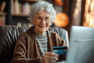 a happy elderly woman using her credit card and computer
