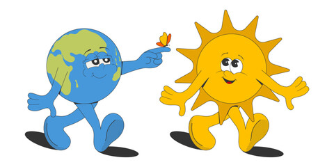 Fototapeta na wymiar Cute cartoon characters: planet and sun isolated on a white background. Elements for the design of a print, sticker, poster, postcard for Earth Day. Eco concept. Vector illustration, eps10