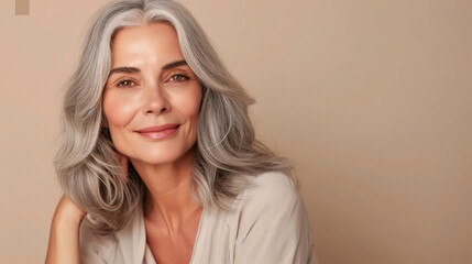 Fototapeta premium A serene mature woman with luxurious gray locks gazes directly at the viewer, her slight smirk and casual beige attire speaking to a relaxed yet refined lifestyle.