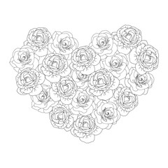 Line art spring camellia flower hearts background, hand drawn floral elements for Valentines day. Vector illustrations for card or invitations, coloring book