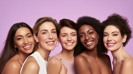 Fototapeta premium A diverse group of five smiling women stand shoulder to shoulder against a lilac background, representing unity and the beauty of diversity