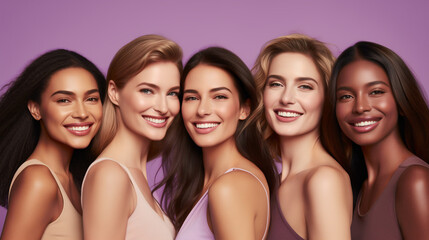 Obraz premium A diverse group of smiling women stand shoulder to shoulder against a lilac background, representing unity and the beauty of diversity