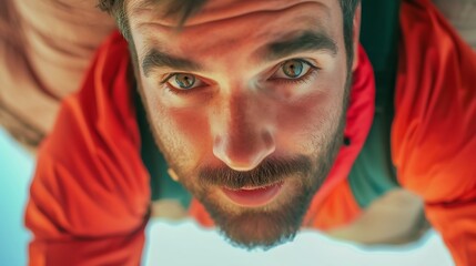 Upside Down: Man in Red Shirt. Generative AI.