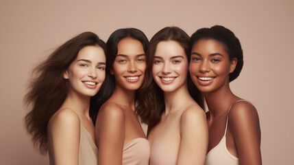 Four diverse and radiant women stand closely together, their smiles genuine and faces aglow, conveying the universal beauty and joy of friendship. An ode to the celebration of diverse female beauty