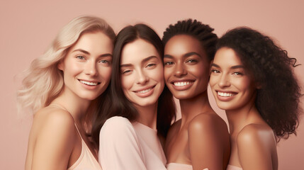 Obraz premium A line-up of four smiling women against a purple backdrop, each showcasing their unique beauty and style, celebrating female diversity and elegance.