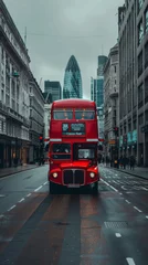 Foto op Canvas Classic London Bus Scene - Iconic red double-decker bus on a desolate London street, evoking British charm © Tida