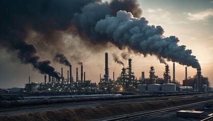 Pollution, Industry, Emissions: Industrial complex emits smoke during evening. pollution impact and environmental concerns.