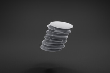 stack of white dishes falling on clean surface, isolated on infinite background; 3D rednering