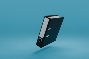 single black folder document binder floating and falling over clean surface; object isolated on infinite background; 3D rednering