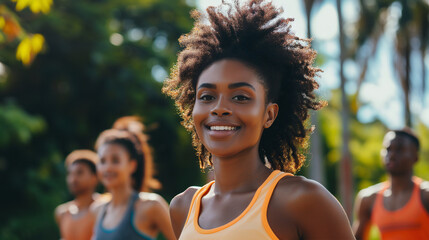 A vibrant woman leads a group of runners, her afro hair and bright athletic wear symbolizing energy and healthy lifestyle. This shot captures the joy and dynamism of outdoor exercise with friends