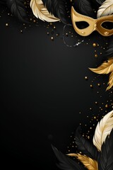 Fototapeta premium Venetian masquerade decorations, gold mask and feathers, dark vertical background with copy space