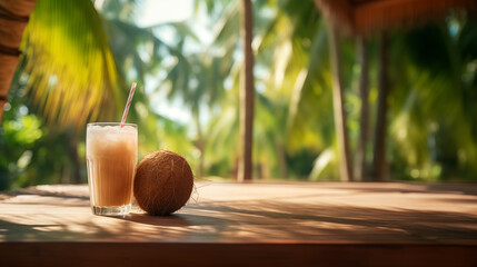 Tropic coconut cocktail on the cafe veranda table. Blurred background of beautiful palm leaves - obrazy, fototapety, plakaty